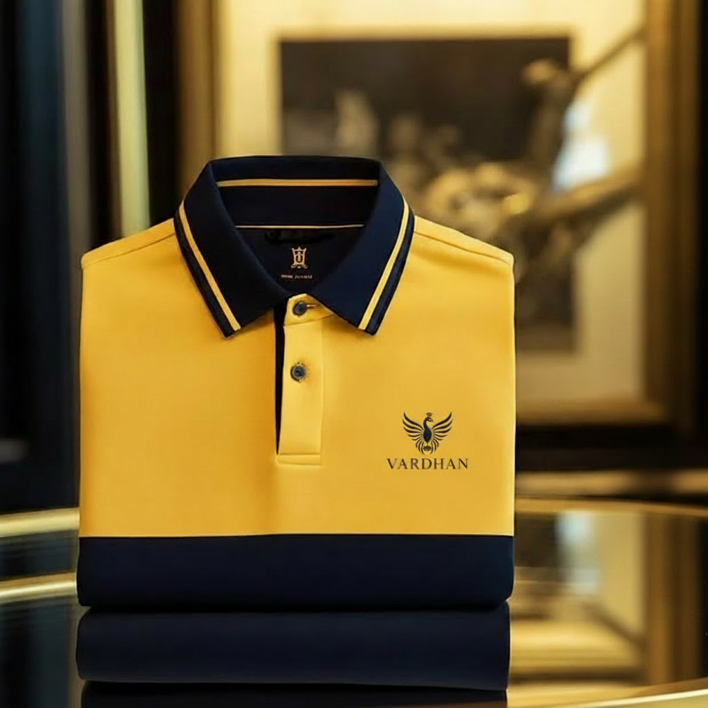 VARDHAN Solar Navy Premium Polo – Golden Yellow