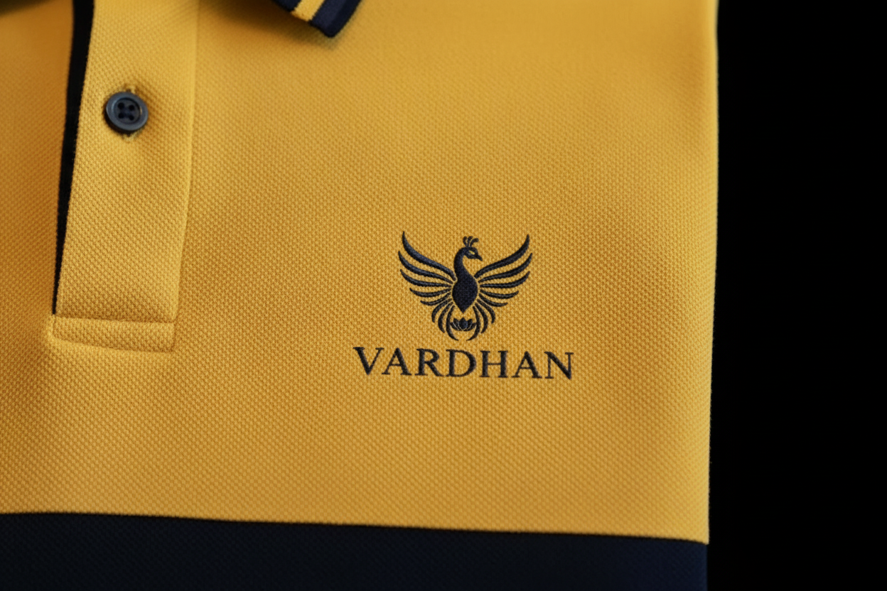 VARDHAN Solar Navy Premium Polo – Golden Yellow