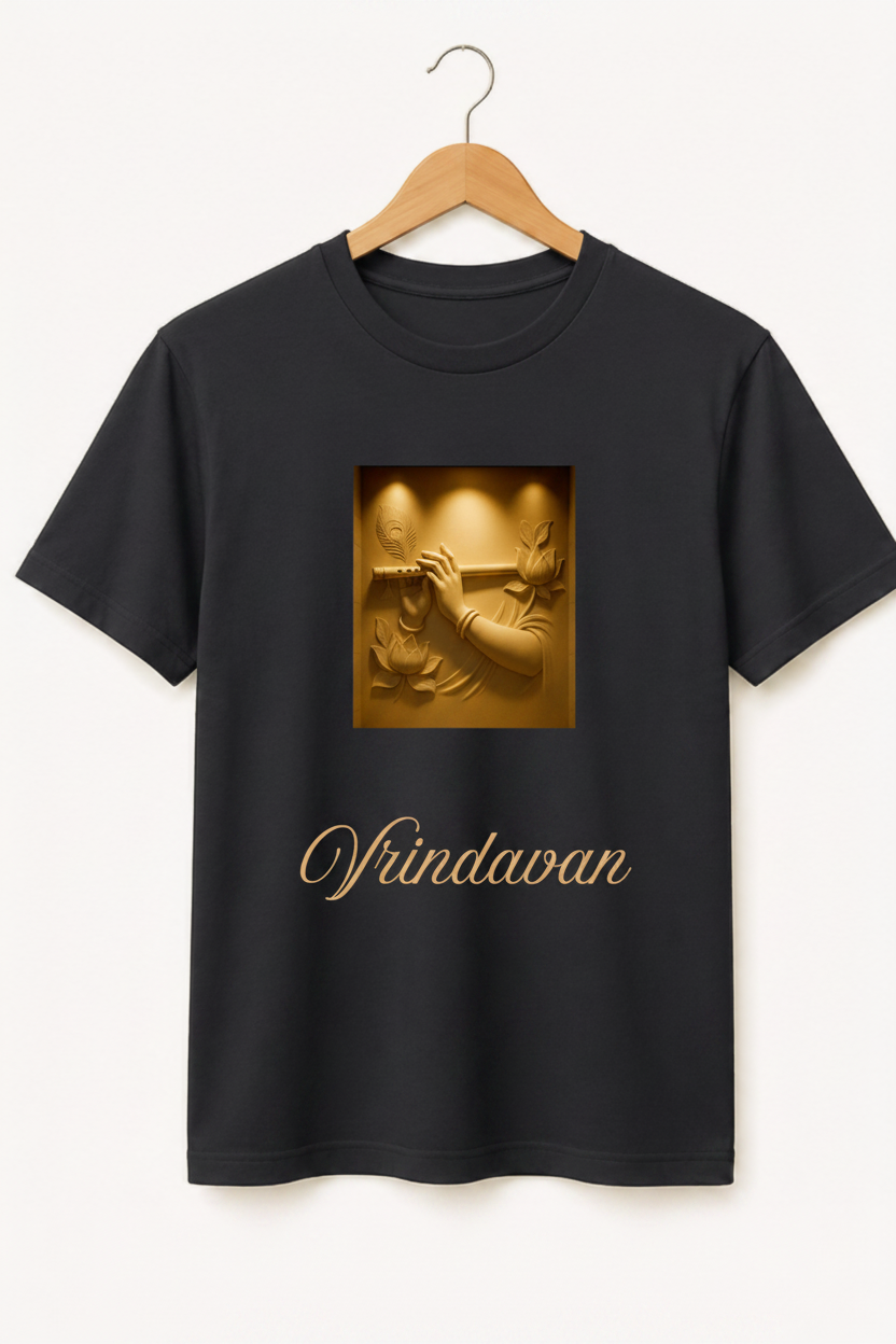 Vrindavan — Krishna Flute Gold Relief Art Premium Black T-Shirt