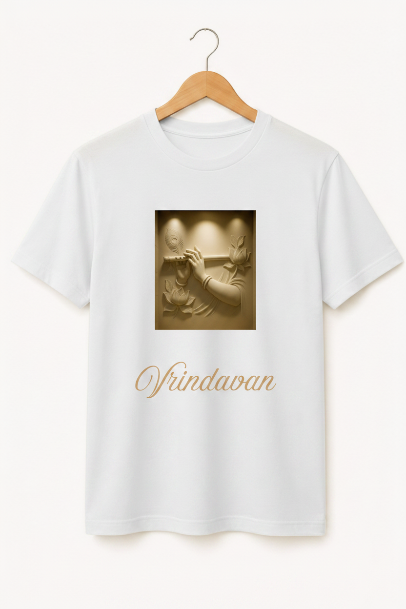 Vrindavan — Krishna Flute Gold Relief Art Premium Black T-Shirt