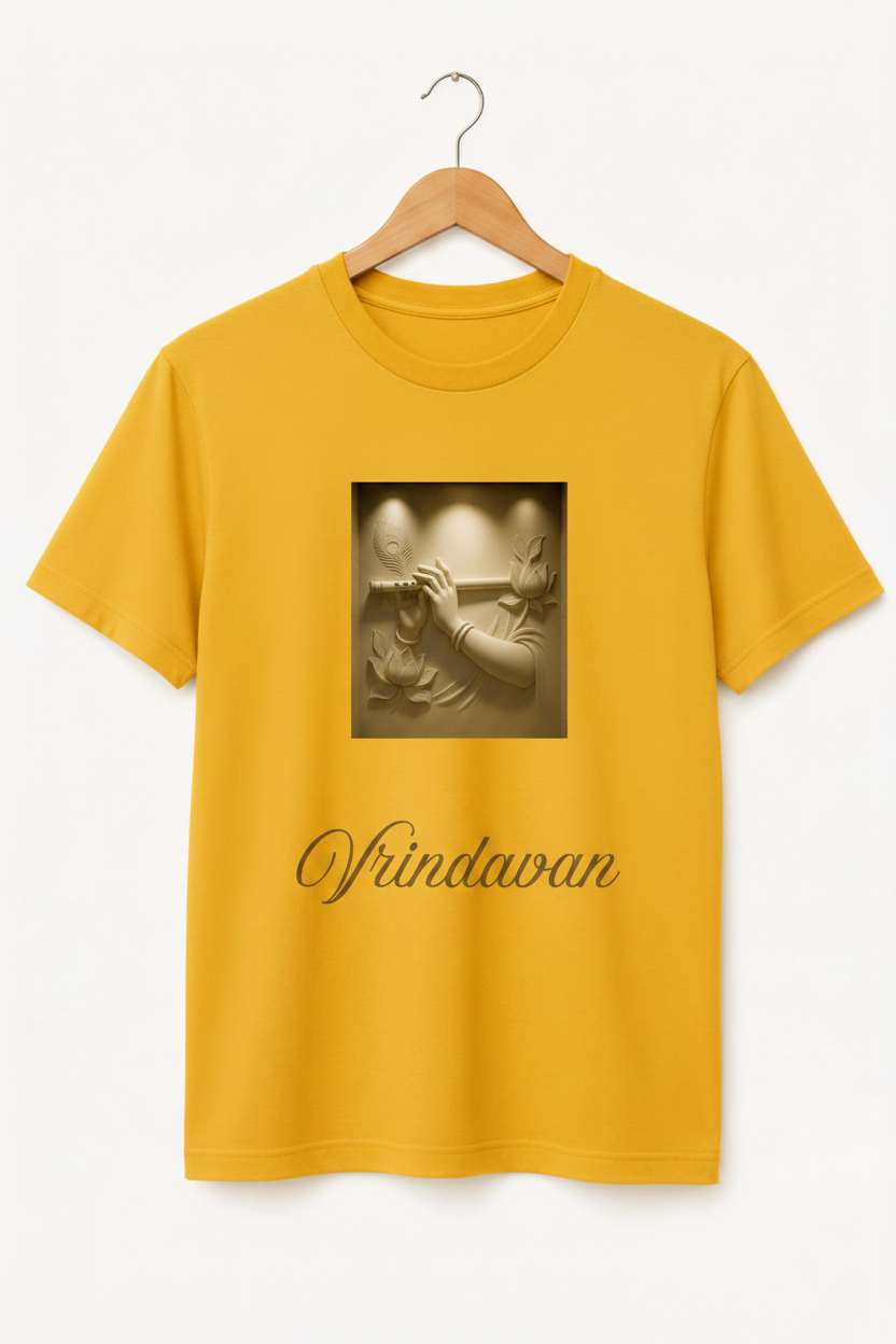 Vrindavan — Krishna Flute Gold Relief Art Premium Black T-Shirt