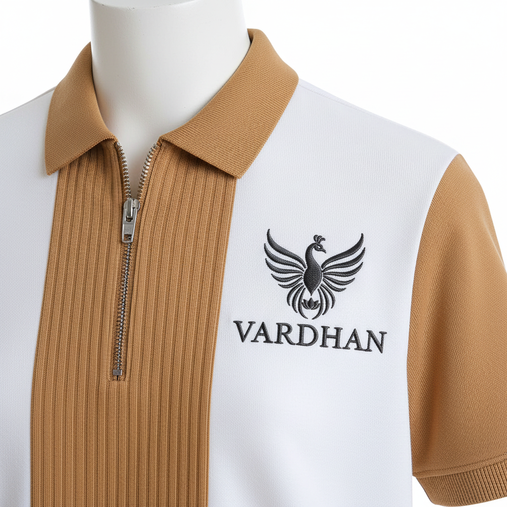 Vardhan Sahara Polo — White & Camel Color-Block Zip | Women's